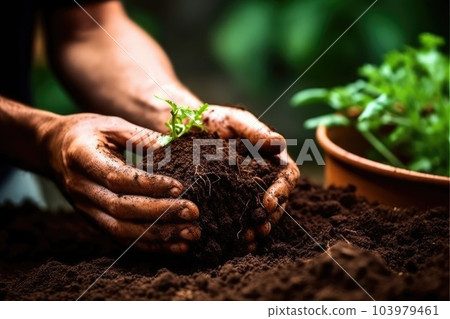Hand of male holding soil in the hands for planting. Generative AI 103979461