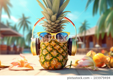 Pineapple with sunglasses and headphones at tropical beach. Generative AI 103979494