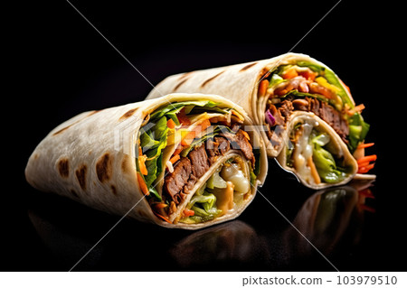 traditional mexican meat burrito wraps with vegetables on black background 103979510