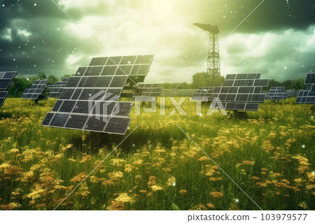 Solar panels in nature. Generative AI 103979577