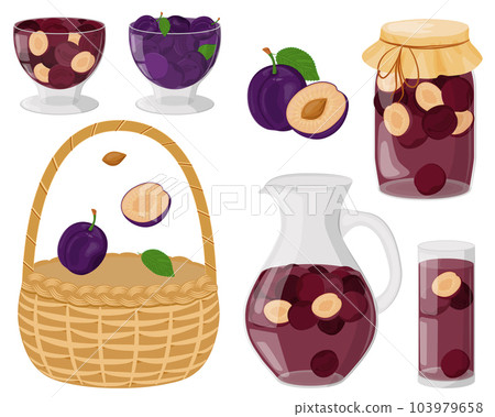 A set of plums. Summer compote in a decanter, glass, jar. Drinking and jam from homemade fruits. Berries for a healthy drink. The concept of healthy eating. Wicker basket. Vector illustration. 103979658
