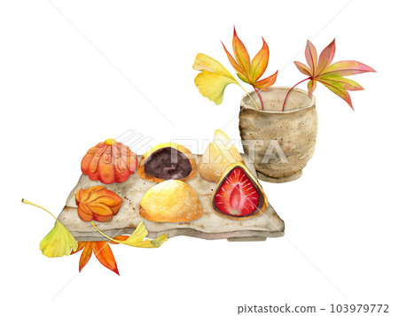 Watercolor hand drawn traditional Japanese sweets. Autumn wagashi with leaves, matcha tea. Isolated on white background. Design for invitations, restaurant menu, greeting cards, print, textile 103979772