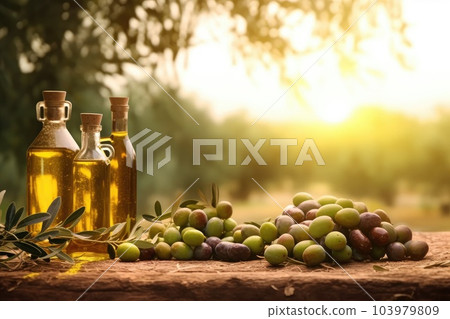 Glass container with olive oil on wooden table and olives. Generative AI 103979809
