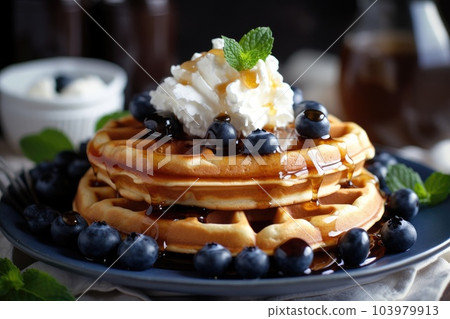 Fresh baked waffles with blueberries and maple syrup, morning breakfast. Generative AI 103979913
