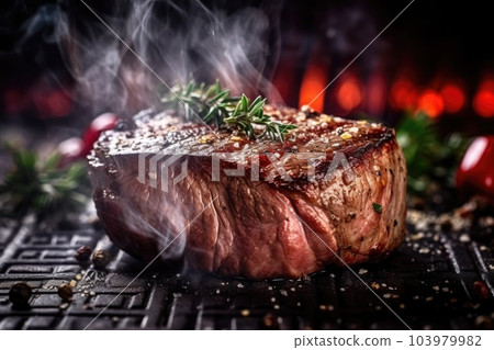 Grilled beef steak on wooden board. Generative AI 103979982