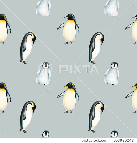 Watercolor seamless pattern with king penguin family isolated. Hand painting realistic Arctic and Antarctic ocean mammals. For designers, decoration, postcards, wrapping paper, scrapbooking, covers, 103980248
