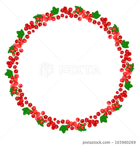 Round frame of red currant berries with green leaves. The concept of healthy eating. Ripe berries. Fruit picking. Vector illustration in a flat style. 103980269