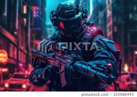 Special forces soldier police a with high technology gun. Generative AI 103980443