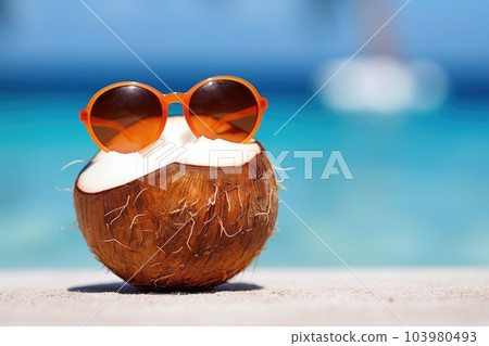 Coconut with sunglasses on the beach. Generative AI 103980493