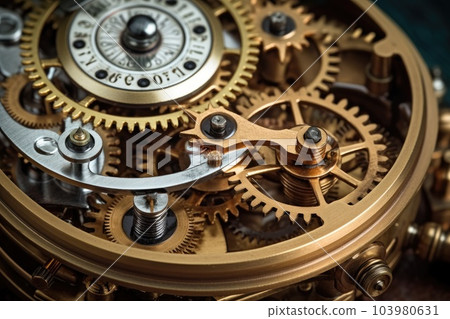 Vintage mechanism with gears and cogwheels. Generative AI 103980631