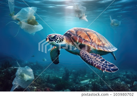 World ocean pollution, Turtle and plastic bags underwater. Generative AI 103980702