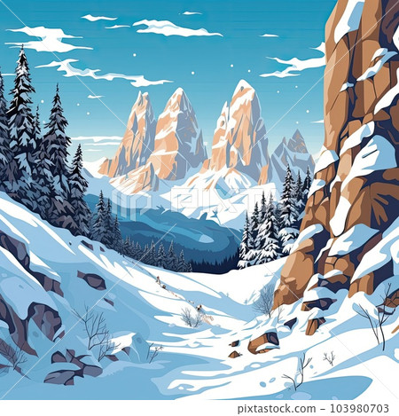 Winter in the mountains of the Italian Dolomites. Cartoon snowy mountain landscape. Generative AI 103980703