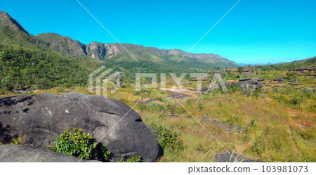 mountain landscape at Chapada dos Veadeiros National Park in Goias, Brazil mountain landscape at Chapada dos Veadeiros National Park in Goias, Brazil 103981073