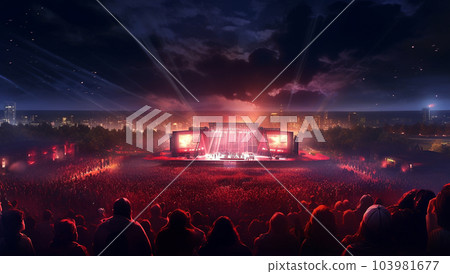 silhouettes of concert crowd in front of bright stage lights. Music concert festival crowd atteding concert. colorful stage lights silhouettes of concert crowd in front of bright stage lights. Music concert festival crowd atteding concert. colorful stage lights 103981677