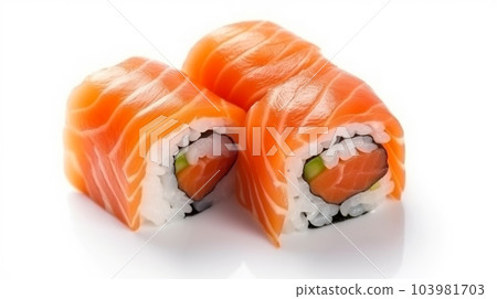 Fresh japanese salmon sushi on white background isolated copy space 103981703