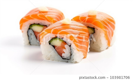 Fresh japanese salmon sushi on white background isolated copy space Fresh japanese salmon sushi on white background isolated copy space 103981706