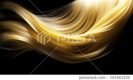 Blondie gold hair wavy strand. Isolated on black background. Shiny haircare style shampoo beautiful smooth colored hair close up photo 103981830