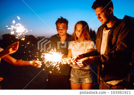 Group of friends at night on the beach with sparklers. Young friends enjoying on beach holiday. 103981921