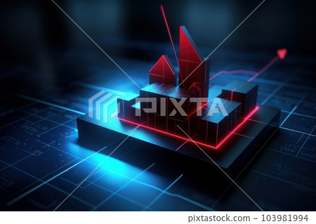 3d model of financial graph with red backlight on blue background, stock market financing chart, economic boom and bust, investment bankruptcy and inflation, global rising and falling economy. 3d model of financial graph with red backlight on blue background, stock market financing chart, economic boom and bust, investment bankruptcy and inflation, global rising and falling economy. 103981994
