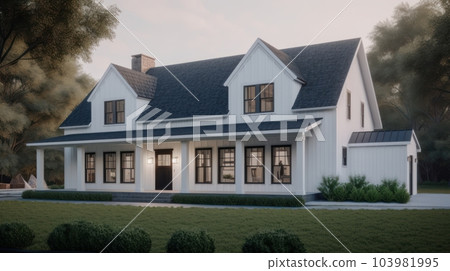 Classic American suburban modern farmhouse. Two story, white siding walls, dark shingle roof, spacious porch, neatly trimmed lawn, bright morning light. Classic American suburban modern farmhouse. Two story, white siding walls, dark shingle roof, spacious porch, neatly trimmed lawn, bright morning light. 103981995