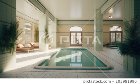 Indoor swimming pool in a luxury home. Beige walls, decorative tiles floor, comfortable loungers, large beautiful windows, columns, green plants. 3D rendering. Indoor swimming pool in a luxury home. Beige walls, decorative tiles floor, comfortable loungers, large beautiful windows, columns, green plants. 3D rendering. 103981996