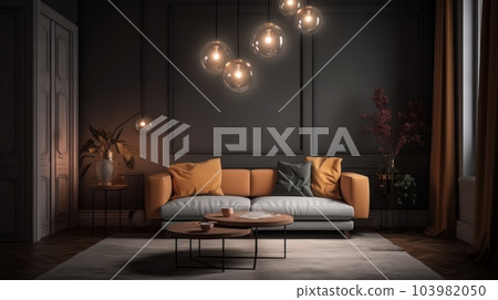 Interior of modern cozy living room. Stylish two-tone sofa with cushions, coffee table, dried flowers in vases, rug, pendant lights, decorations in modern home decor. Mockup, 3D rendering. 103982050