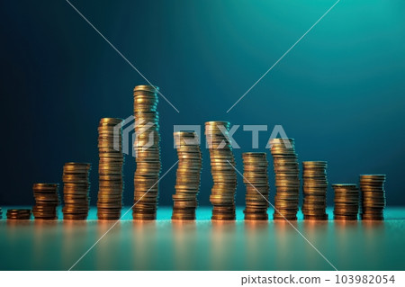 Stacks of coins of different heights depict a financial chart. Bank and finance. Investment, profit or gain. Selling money or treasury. Blue background with reflection. Copy space. Stacks of coins of different heights depict a financial chart. Bank and finance. Investment, profit or gain. Selling money or treasury. Blue background with reflection. Copy space. 103982054