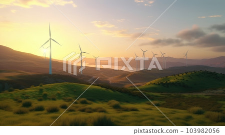 Wind turbines on the green hills against the colorful sunset sky. Production of renewable green energy. Sustainable development concept. Mock up, 3D rendering. 103982056
