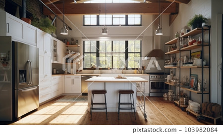Spacious loft style kitchen with dining area. White facades, open shelves, island with bar stools, modern kitchen appliances, wooden floor, wooden ceiling with beams, green plants, panoramic windows. 103982084