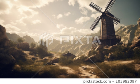 A traditional old wooden mill on a hillside against the backdrop of beautiful mountains and a vibrant sunset sky. European historical landscape, romance and beauty of nature. A traditional old wooden mill on a hillside against the backdrop of beautiful mountains and a vibrant sunset sky. European historical landscape, romance and beauty of nature. 103982097