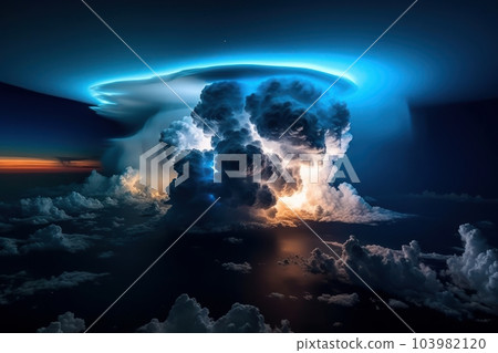 Aerial view of a stormy night sky over the sea. Severe thunderstorm, cumulonimbus clouds and lightning. Colorful dramatic majestic landscape with sea horizon. Dark blue sky with amazing clouds. Aerial view of a stormy night sky over the sea. Severe thunderstorm, cumulonimbus clouds and lightning. Colorful dramatic majestic landscape with sea horizon. Dark blue sky with amazing clouds. 103982120
