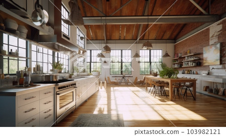 Spacious loft style kitchen with dining area. White facades, open shelves, large wooden table, modern kitchen appliances, wooden floor, wooden ceiling with beams, green plants, panoramic windows. 103982121