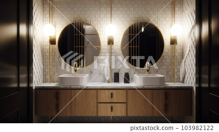 Spacious modern classic master bathroom with two sinks. Black and white walls, large precious wooden cabinet with drawers, large round mirrors with golden frames, marble countertop, golden faucets. Spacious modern classic master bathroom with two sinks. Black and white walls, large precious wooden cabinet with drawers, large round mirrors with golden frames, marble countertop, golden faucets. 103982122
