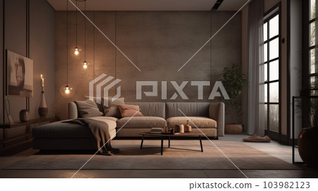 Interior of a modern cozy minimalistic living room. Stylish corner sofa with pillows and plaid, coffee table, carpet, plants in floor vases, hanging lamps, poster, decorations in modern home decor. 103982123