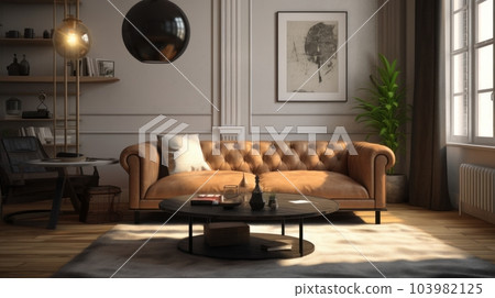 Interior of a modern cozy classic living room. Stylish leather chester sofa, coffee table, floor vase plant, wall poster, carpet, decorations in modern home decor. Mockup, 3D rendering. 103982125