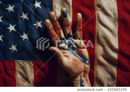 A human hand painted in the colors of the American flag against the backdrop of the US flag. White, red and blue colors. American patriotism concept. A human hand painted in the colors of the American flag against the backdrop of the US flag. White, red and blue colors. American patriotism concept. 103982295