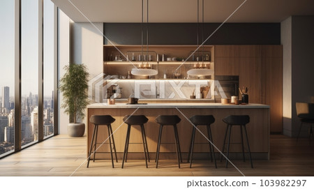Modern loft kitchen with breakfast bar in an urban luxury apartment. Wooden floor, bar counter with bar stools, open shelves, plant in a pot, floor-to-ceiling windows with city view. 3d rendering. Modern loft kitchen with breakfast bar in an urban luxury apartment. Wooden floor, bar counter with bar stools, open shelves, plant in a pot, floor-to-ceiling windows with city view. 3d rendering. 103982297