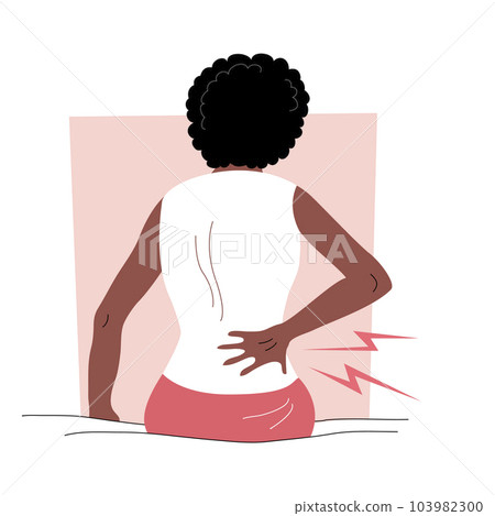 A woman with back pain sits on a bed A woman with back pain sits on a bed 103982300
