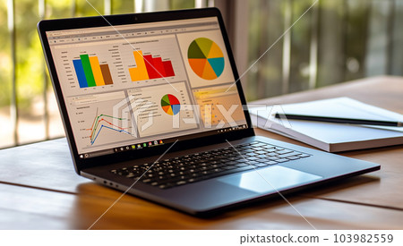 Business chart statistics, Bar graph and pie chart on laptop screen on desk, work concept Business chart statistics, Bar graph and pie chart on laptop screen on desk, work concept 103982559