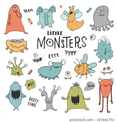 Cute monsters set. Cartoon monsters collection. Vector illustration 103982750