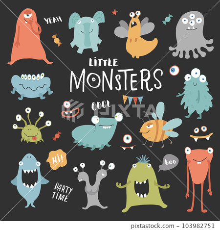 Cute monsters set. Cartoon monsters collection. Vector illustration 103982751