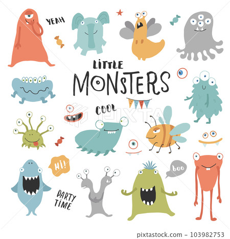 Cute monsters set. Cartoon monsters collection. Vector illustration 103982753