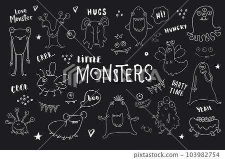 Cute monsters set. Cartoon monsters collection. Vector illustration 103982754