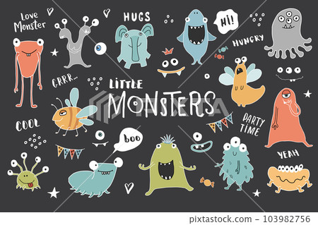 Cute monsters set. Cartoon monsters collection. Vector illustration Cute monsters set. Cartoon monsters collection. Vector illustration 103982756
