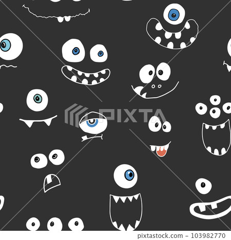 Cute monster faces seamless pattern. Cartoon monsters background. Vector illustration 103982770
