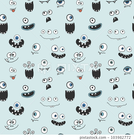Cute monster faces seamless pattern. Cartoon monsters background. Vector illustration 103982772