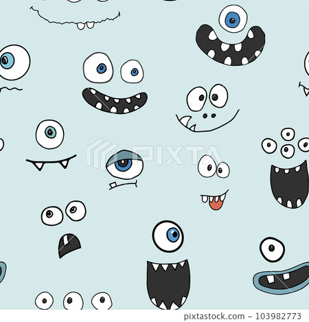 Cute monster faces seamless pattern. Cartoon monsters background. Vector illustration Cute monster faces seamless pattern. Cartoon monsters background. Vector illustration 103982773
