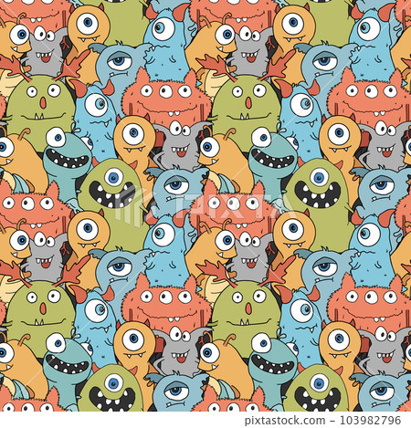 Cute monsters seamless pattern. Cartoon monsters background. Vector illustration 103982796