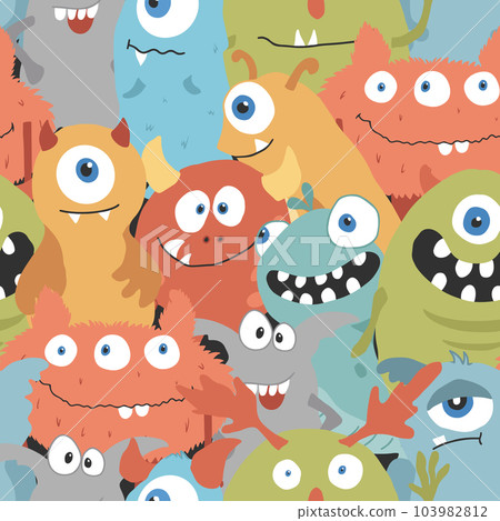 Cute monsters seamless pattern. Cartoon monsters background. Vector illustration Cute monsters seamless pattern. Cartoon monsters background. Vector illustration 103982812