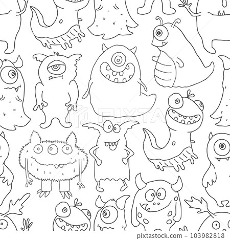 Cute monsters seamless pattern. Cartoon monsters background. Vector illustration 103982818